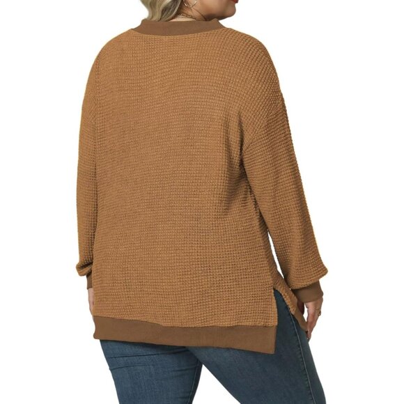 Plus Size Women's Knit V Neck Pullover with Side Split Casual Sweater - Picture 2 of 5